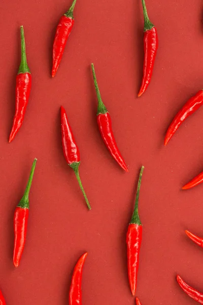 red hot chili peppers, popular spices concept - close-up on beautiful red hot chili peppers isolated on red background, green tails, collage of freely lying peppers, top view, flat lay.