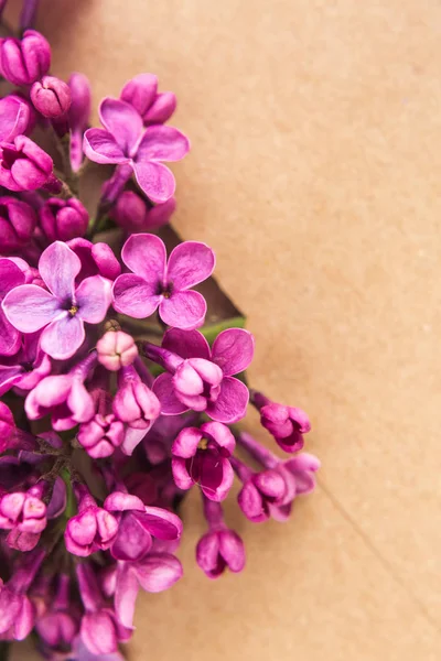Sprigs of Lilac in postal envelope on wooden background. copy space.spring mood. international womens day. the freshness of flowers.The inscription on the letter -happy