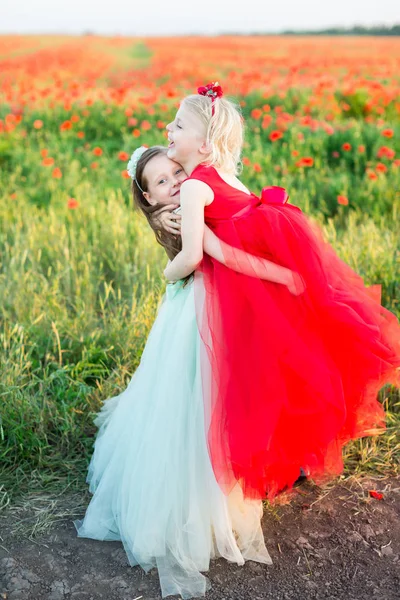 Девушка модель, детство, летняя концепция - смешные игры двух сестер на фоне макового поля, они в синем и красном платье, одна из них обняла другую блондинку и подняла ее с земли . — стоковое фото