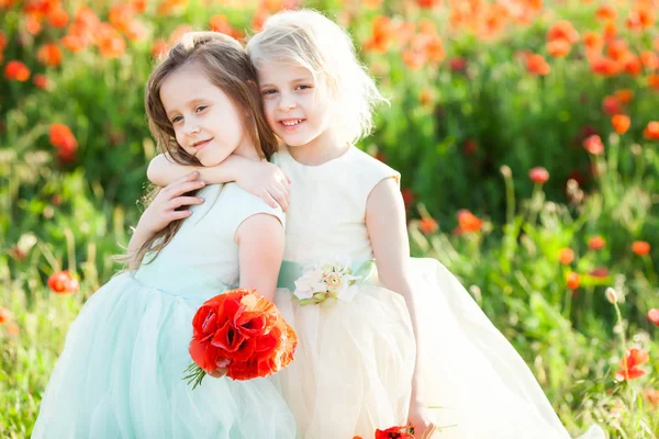Modelo de niña, concepto de moda - dos niñas lindas princesa posando en vestido de novia blanco y azul, novia abrazó y sosteniendo un ramo de flores en un campo de fondo con amapolas . — Foto de Stock