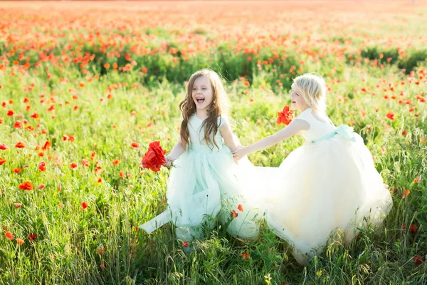 Модель маленькая девочка, детство, мода, летняя концепция - девчачьи игры двух красивых молодых моделей на солнечном цветочном лугу с красными цветущими маками, они в белых и синих платьях . — стоковое фото