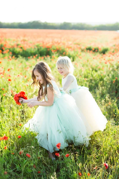 Modelo de niña, la infancia, la moda, el concepto de verano - dos niñas sonrientes felices en vestidos blancos y azules de moda reúnen ramos de amapolas en el gran campo de flores de verano en el sol . — Foto de Stock