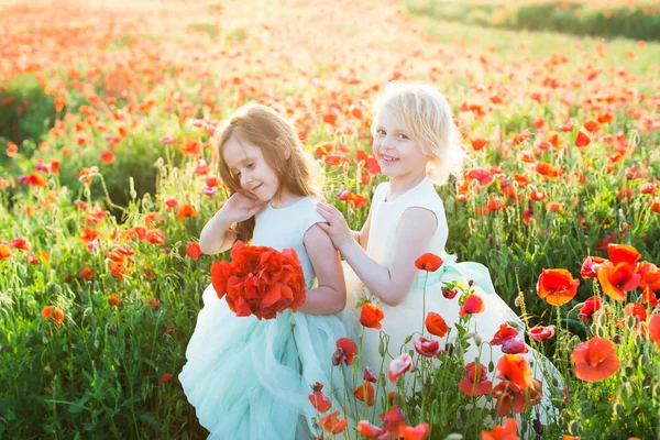 少女モデル、ケシの花、夏の花、ファッション コンセプト - 背景の日当たりの良いフィールドでポピーの花束を保持している 1 つの白と青のウェディング ドレスでポーズをとる二人のかわいい少女姫. — ストック写真