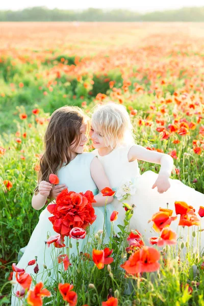 女の子のモデル、結婚式、ポピー、夏ファッションのコンセプト - 姉妹を抱きしめ、白と青のウェディング ドレスの姉妹のポピーと演奏はケシの花の花束を持っている二人の少女. — ストック写真