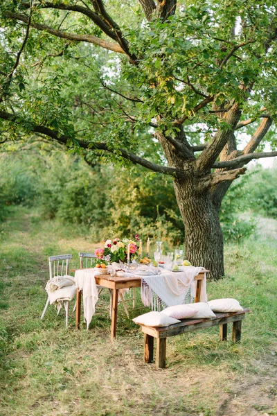 piknik, yaz, tatil kavramı - Festival tablo orman, Ajur beyaz masa örtüsü, ahşap tezgah ve sandalyeler, renkli buket, şamdanlar, meyve, limonata büyük meşe ağacının altında ayarlama.