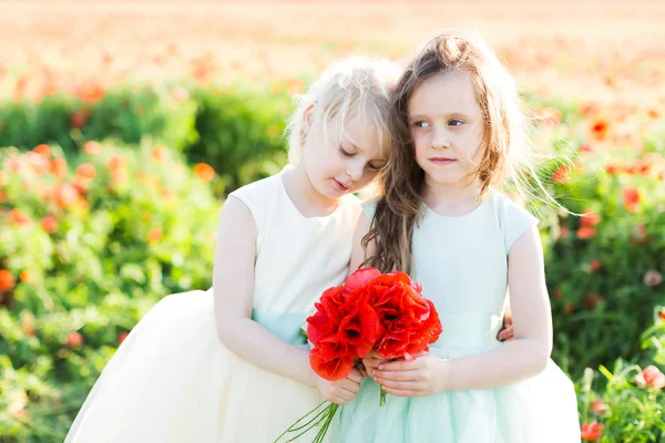 Modelo niña, la infancia, la moda, el concepto de verano - abrazo romántico de las dos niñas hermosas en vestidos blancos y azules en el campo de amapolas, en manos de cada uno es un ramo de amapola roja —  Fotos de Stock