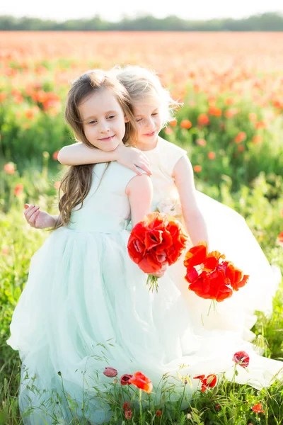 Модель маленькая девочка, детство, мода, свадьба, летняя концепция - две молодые девушки подружки невесты летом обнимаются на цветущем поле, в руках у маленьких моделей букеты маковых цветов  . — стоковое фото