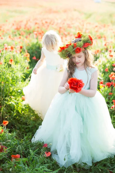 Маленькая девочка модель, детство, мода, летняя концепция - маленькие подружки модели в белых и синих платьях играют в поле цветущих маков, собирают цветы и делают венки на голове . — стоковое фото