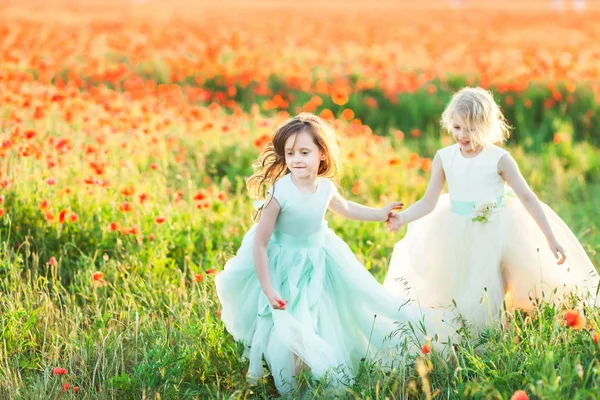 Primavera, princesa, amistad, cuidado de niños, infancia feliz, concepto de moda para niños - dos niñas en vestidos blancos y azules corriendo a través del brazo de campo de amapola en el brazo — Foto de Stock