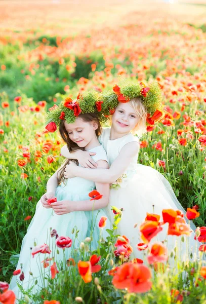 Modelos de niños, verano, cuidado de niños, infancia feliz, concepto de moda - dos niñas lindas en vestidos de domingo con guirnaldas de flores en las cabezas abrazándose en medio del campo de amapola —  Fotos de Stock