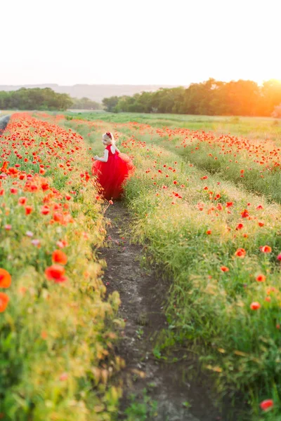 Infância, verão, natureza, crianças moda, conceito de liberdade - menina loira bonito em vestido vermelho brilhante que atravessa o campo de papoilas olhando para trás para o pôr do sol — Fotografia de Stock