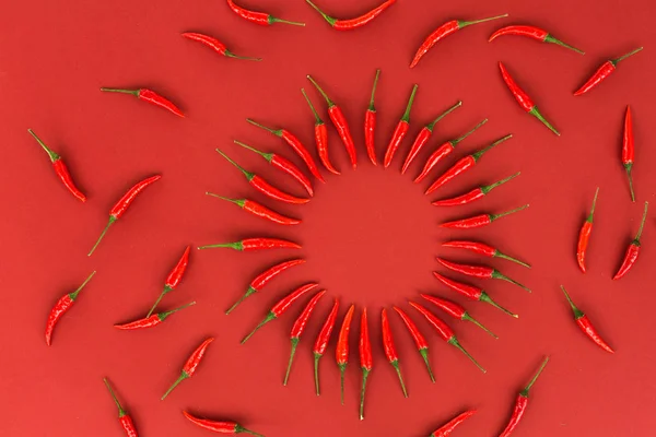 red hot chili peppers, popular spices concept - decorative circle made from a lot of beautiful red hot chili pepper pods on red background, top view, flat lay.