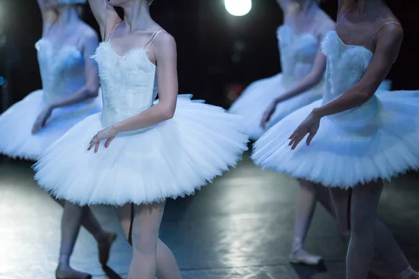 Una figura de bailarina inmóvil en un tutú blanco. Sus magníficas y delgadas manos son como las alas del cisne . — Foto de Stock