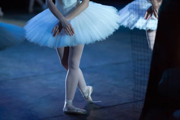中劇場の舞台にダンスの動きを実行します。バレリーナの足をクローズ アップ。バレエ白鳥の湖のコンセプト. — ストック写真