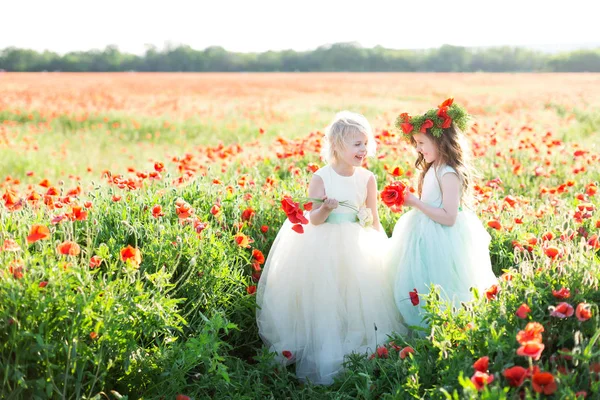 Детство, сельская местность, детские модели, весенняя концепция - две смеющиеся красивые маленькие девочки в красивых белых и синих платьях с тюлем юбки на маковом поле, оба держат букет цветов — стоковое фото