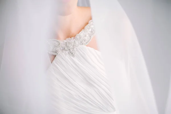 Sonrisa de la hermosa novia elegante en un vestido blanco bajo un velo de cerca. foto borrosa, espacio vacío para el texto . — Foto de Stock