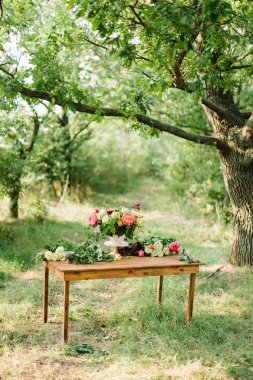 doğa, bitki örtüsü, düğün, yaşam tarzı, hafta sonları, tatil, kırsal kavramı - büyük renkli ahşap masa krem gül ve görkemli eski meşe gölgesinde ayakta ihale pembe peonies demet