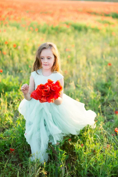 Flora, libertad, naturaleza, infancia, concepto de moda infantil: una dama elegante con el pelo rizado oscuro y una sonrisa enigmática atravesando el campo, sosteniendo un rico ramo rojo de flores silvestres — Foto de Stock