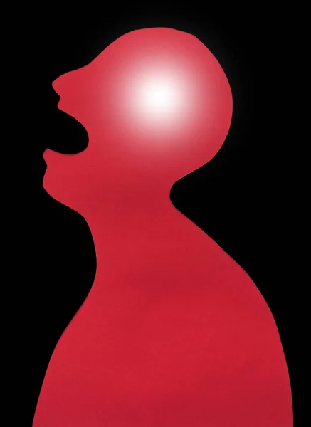 Concept de diagnostic de la maladie humaine et localisation de la douleur sur la silhouette - contour du mâle rouge abstrait avec fièvre, bouche ouverte et maux de tête sévères, isolé sur fond noir, vue de dessus, position plate . — Photo