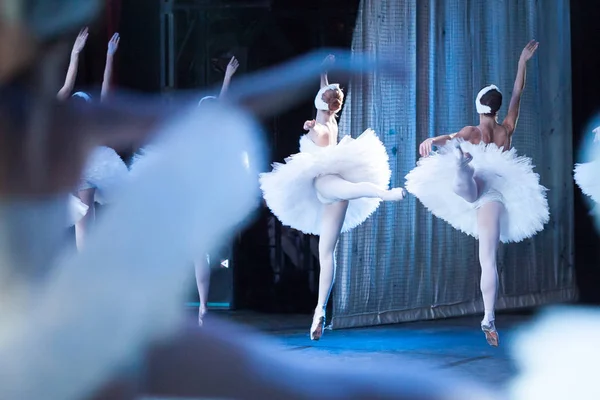 Performance, culture, scenery concept. hermosas bailarinas, vestidas con trajes de cisnes para el ballet mundialmente conocido, tan ligeras como plumas saltando y flotando sobre el escenario del teatro — Foto de Stock