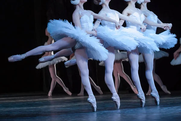 Belleza, agilidad, concepto de baile. brazo en brazo cuatro elegantes y elegantes bailarinas de ballet, interpretando los papeles de pequeños cisnes, moviéndose, bailando y saltando sincrónicamente — Foto de Stock