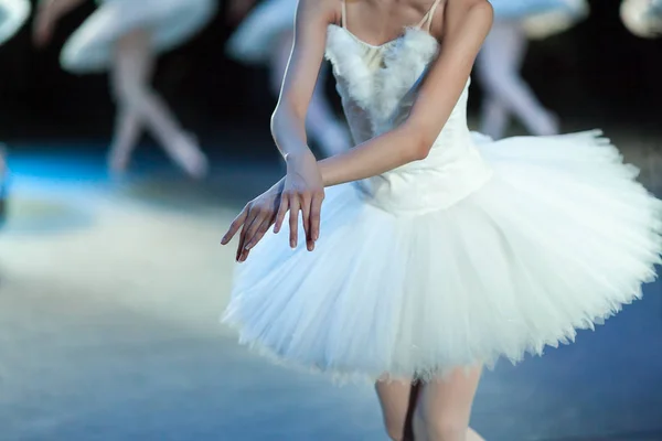 Tederheid, ballet, choreografie concept. slank Kaukasische ballerina gekleed in het kostuum van de prachtige swan zetten haar dunne gevoelige handen samen als de vleugels — Stockfoto