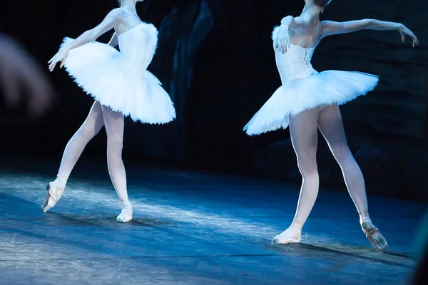 Coreografía, arte, concepto de ballet. cuerpos impecables de dos bailarinas de ballet brillan con luz brillante de proyectores, levantan sus manos como cisnes hermosos y majestuosos — Foto de Stock