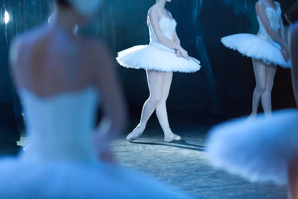 Passie, agility, dramatische kunst concept. heldere lichtbundel van de projector op een van de mooie vrouwelijke balletdansers die het uitvoeren van de beroemde scène van het ballet swan lake — Stockfoto