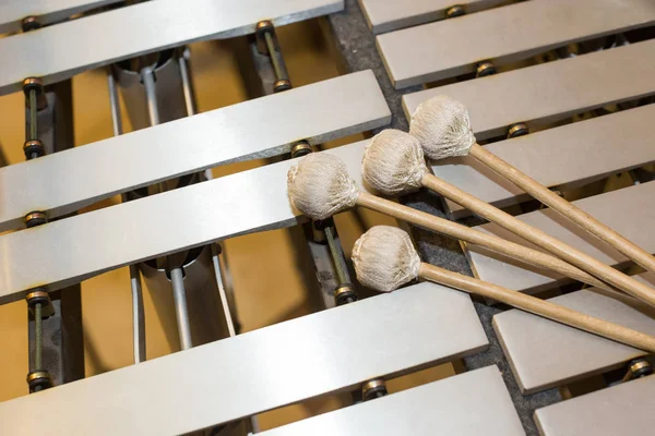 ksilofon, müzik ve Kromatik enstrüman kavramı - closeup dört Tokmaklar, glockenspiel, marimba, balafon, semantron, pixiphone, eğitim ve Orkestrası konser kullanımı, ahşap çubuklarındaki görünümü top.