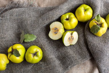botanik, tarım, hasat kavramı. Üstten Görünüm neredeyse limon taze renk birkaç meyve, onlar Ayva denir. Bunlardan biri iki eşit parçaya kesilir, bir sürü kalbini çukurda