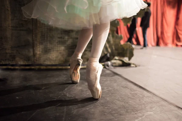 Outfit, kostuum, prestaties concept. slanke en sterke benen in licht roze pointe schoenen van ballerina dragen van tulle rok die eruit als Noorderlicht met veel colores ziet — Stockfoto