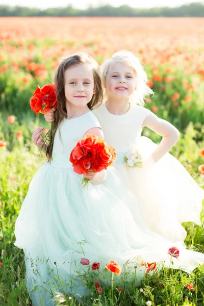 Modelo de niña, la infancia, la moda, la boda, el concepto de verano - dos chicas jóvenes encantadoras en vestido de novia blanco y azul posando con un ramo de amapolas en un campo soleado de flores de primavera . — Foto de Stock