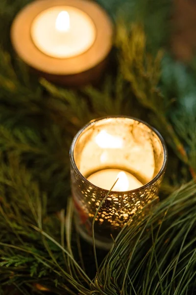 Nature Winter Decor Concept Close Small Burning Candles Different Holders — Stock Photo, Image