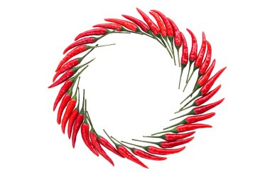 kırmızı sıcak biber, popüler baharatlar kavramı - beyaz arka plan, sıcak biber üzerinden daire dekoratif desen şekil yalancı biber, üstten görünüm, metin, izole için düz yatıyordu, ücretsiz yer sıcak