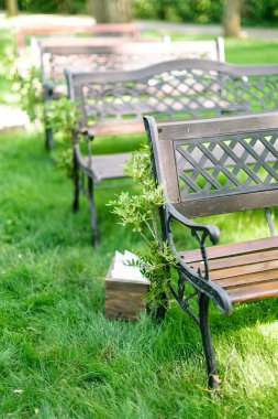 Mobilya, Bahçe, doğa kavramı. duygusuz çim orada ahşap banklar birtakım koyu kahverengi tonları ile yeşil Cay yan ve sırt metal bağlı