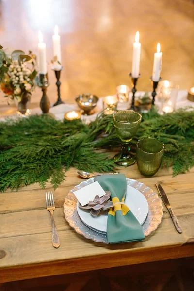 Romance Dining Celebration Concept Wooden Table Covered Conifers Branches Royal — Stock Photo, Image