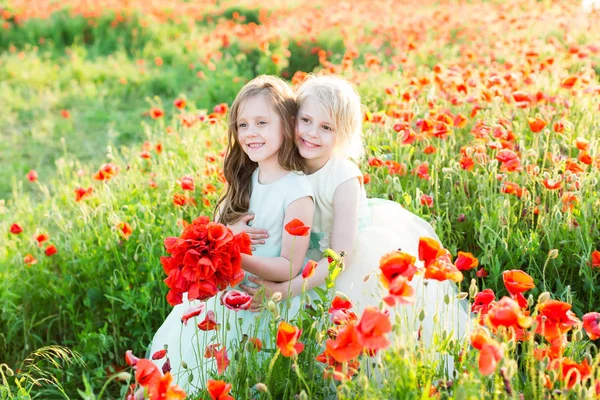 Modelo de niña, amapolas, concepto de moda de verano - dos hermanas niñas lindas posan en vestido de novia blanco y azul, una hermana abrazada hacia atrás, otra sostiene un ramo de amapolas . —  Fotos de Stock