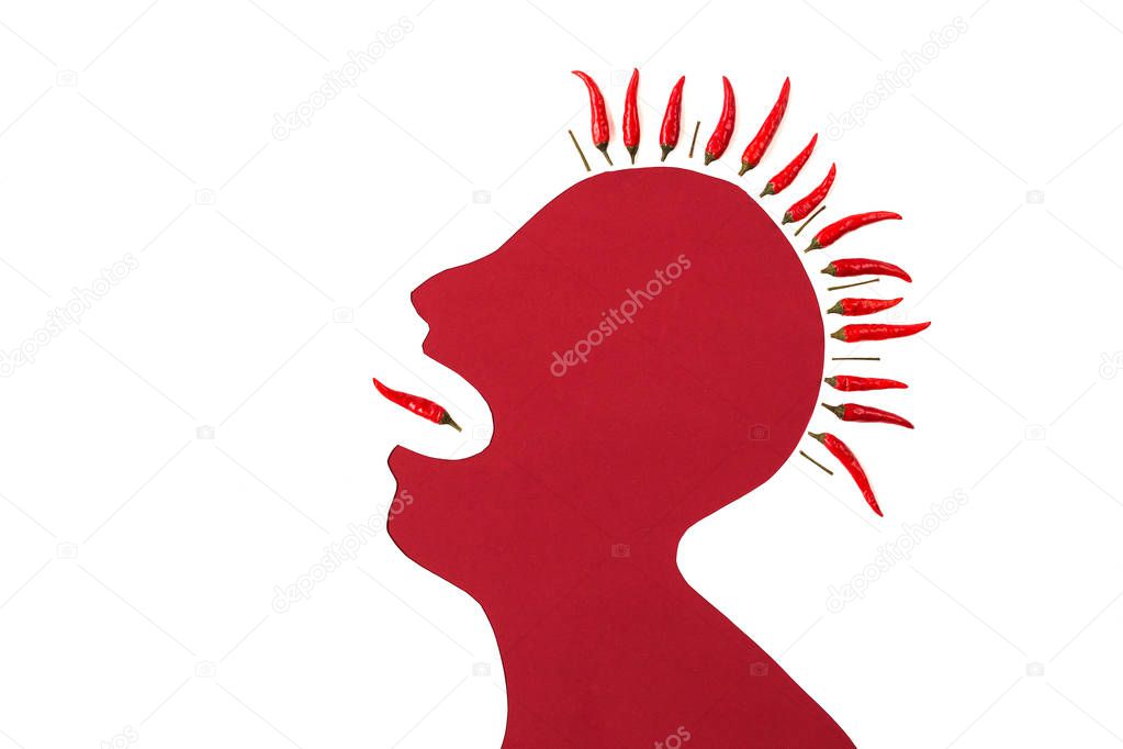 concept of human disease - abstract white male man with iroquois isolated on red background shouted a mouth from the sharp pain or burning on tongue, burning pain such as spicy chili.