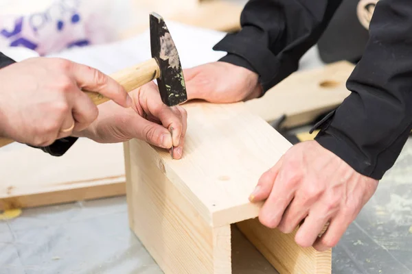 Artesanato Criatividade Conceito Suprimentos Reparação Fechar Processo Fazer Birdhouse Madeira — Fotografia de Stock