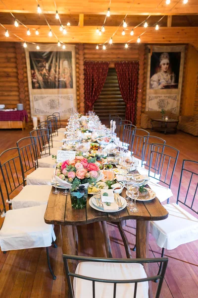 Mariage Célébration Concept Fond Centre Salle Restaurant Une Table Bois — Photo