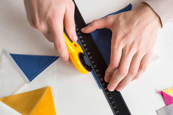 Quilten Werkruimte Handwerk Concept Bovenaanzicht Van Tafel Voorzien Van Alles — Stockfoto