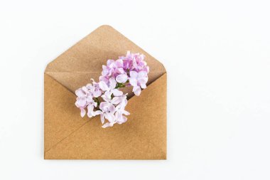 Beyaz arka planda duran, bahar çiçekleriyle dolu, açık el işi kağıt zarfının kapağını kapatın. Üst Manzara. Aşk ve evlilik teklifi kavramı. Düz yatıyordu. Anneler Günü.