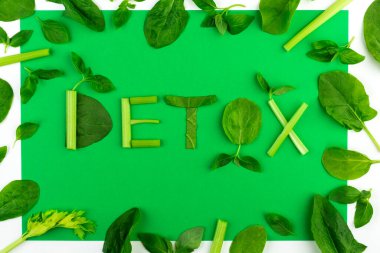 Detoks kelimesi farklı yeşil organik bitki ve sebze parçalarına yazılır. Kullanışlı Beslenme Konsepti