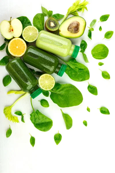 Vegetables Fruits Green Detox Mixtures Disposable Bottles Set White Background — Stock Photo, Image