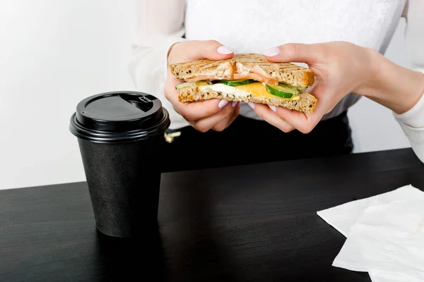 Women Hands Holding Bite Sandwich Desk Cop Coffee White Background — Stock Photo, Image
