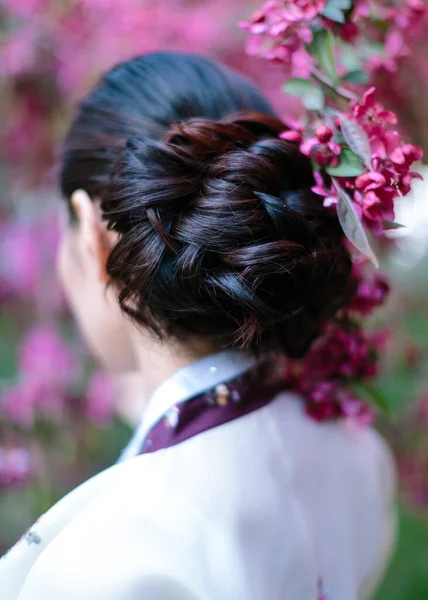 Cuadro Vertical Peinado Tradicional Coreano Para Ocasiones Festivas Una Chica — Foto de Stock