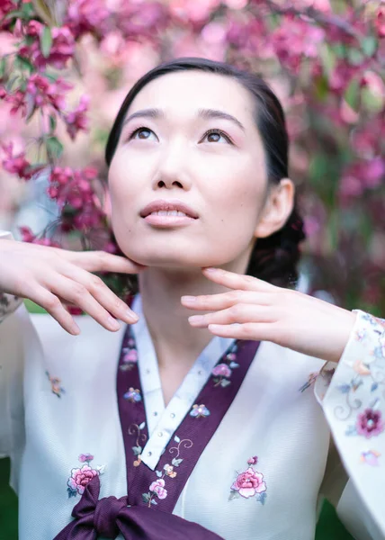 Vertical Portrait Attractive Korean Girl Traditional Costume Delicate Make Looks — Stock Photo, Image