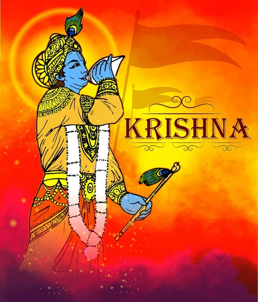 Ilustración del Señor Krishna en el feliz festival Janmashtami de la India con texto en hindi que significa Shri Krishan Janmashtami — Vector de stock