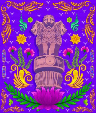 Indian monument pillar of Ashoka with indian style design and floral pattern clipart