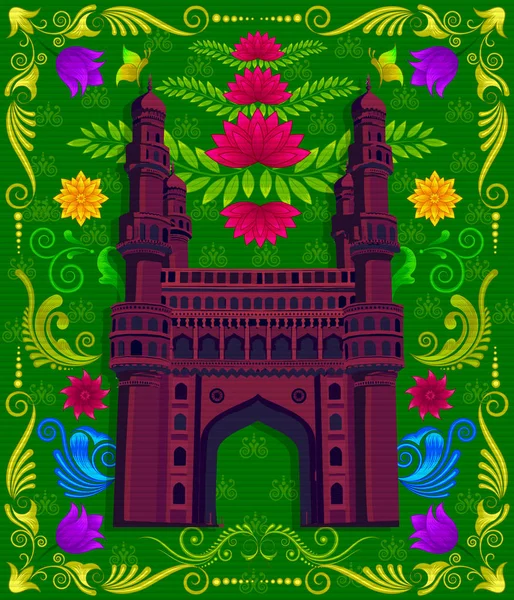 印度人纪念碑 Charminar 与印第安样式设计和花卉样式 — 图库矢量图片